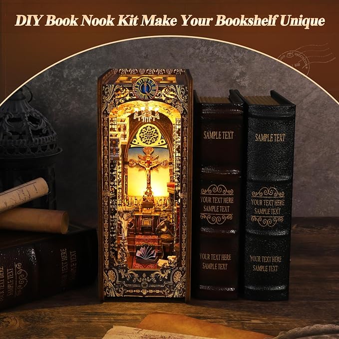 Spobot Book Nook Kit DIY Bookshelf Decor Kit with LED Light 3D Booknook Wooden Puzzle Bookend Stand Miniature Dollhouse Kit Gifts for Adults (Covenant Church)
