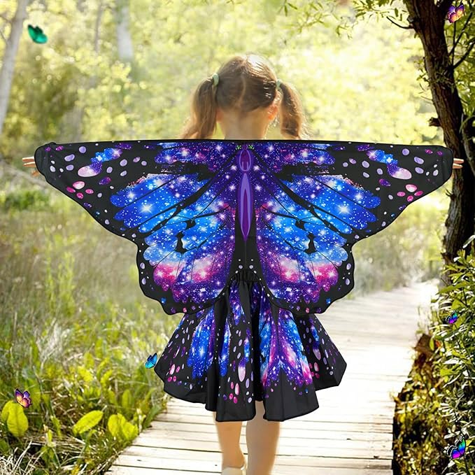 Butterfly Costume for Girls Fairy Wings Kids 4 Pcs(Cape,Skirts,Masks,Hair Clips) Butterfly Wings for Halloween Gifts
