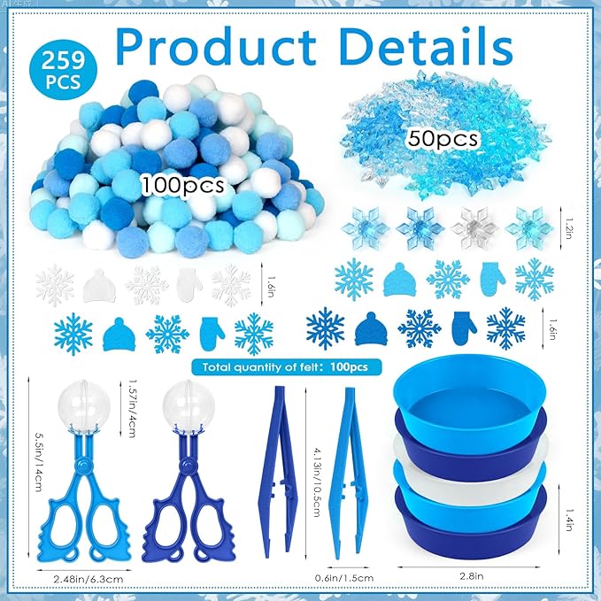 259 Pcs Winter Sensory Bin Items Winter Snowflake Counting Sorting Sensory Bin Filler Fine Motor Felt Acrylic Snowflake Gloves and Hats Counts for Xmas Counting Decor