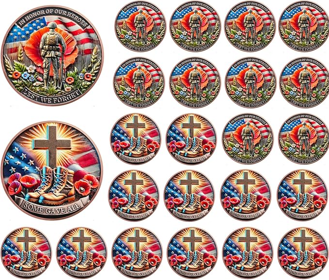 AtSKnSK Memorial Tribute Challenge Coin Some Gave All Lest We Forget Thank You for Your Service Military Coin (Poppy Military Boots, 24)