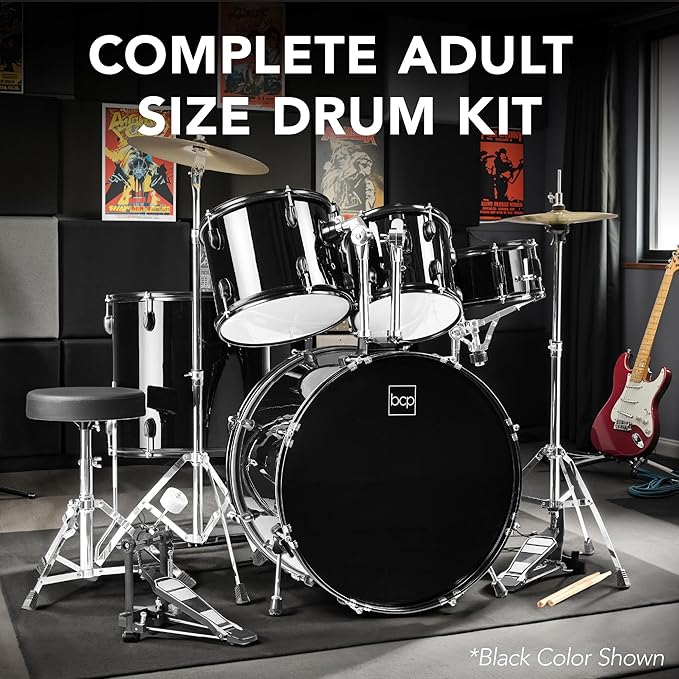 Best Choice Products 5-Piece Full Size Complete Adult Drum Set w/Cymbal Stands, Stool, Drum Pedal, Sticks, Floor Tom - Pink Sparkle