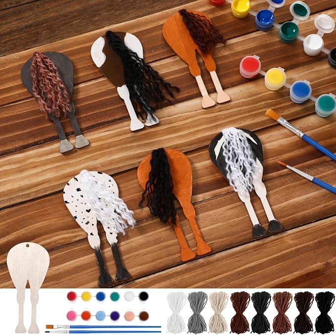 Geelin 24 Pcs Christmas Wooden Horse Craft Western Ornament Unfinished Wooden Cutouts Horse Painting Kit Unicorn Ornament DIY Cowboy Craft Paint Your Own Art for Christmas Party Favors(Buttock)