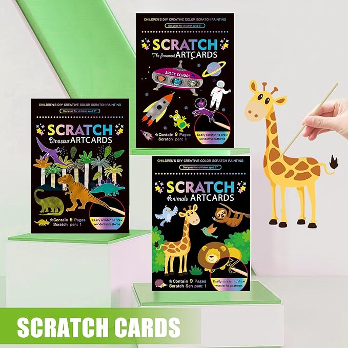 3 Set Magic Scratch Paper Art, Colorful Magic Drawing Art Book with 3 Scratch Pen for Birthday Halloween Christmas Party Games Projects Kits （Dinosaurs/Spaceman/Giraffe）