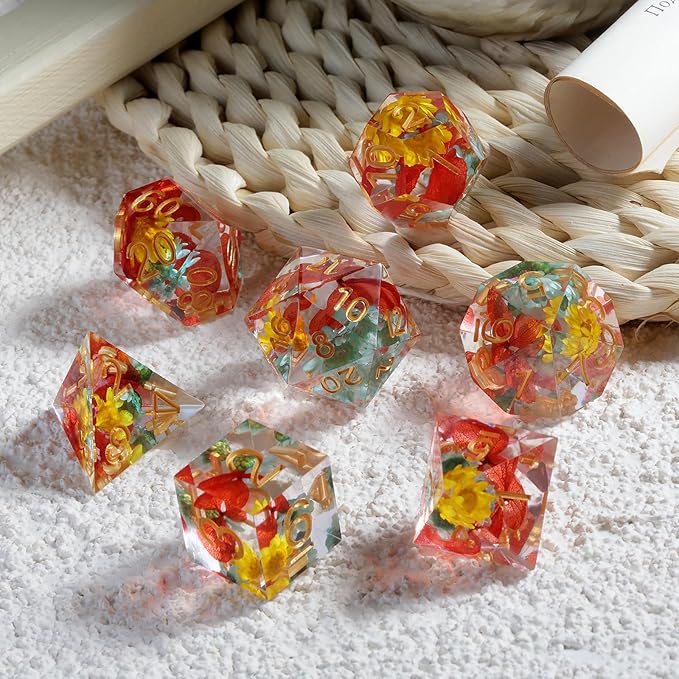 Resin DND Dice,DNDND Handmade Flowers Sharp Edge Die with Gift Case for D&D Dungeons and Dragon Games (Red and Yellow Flowers)