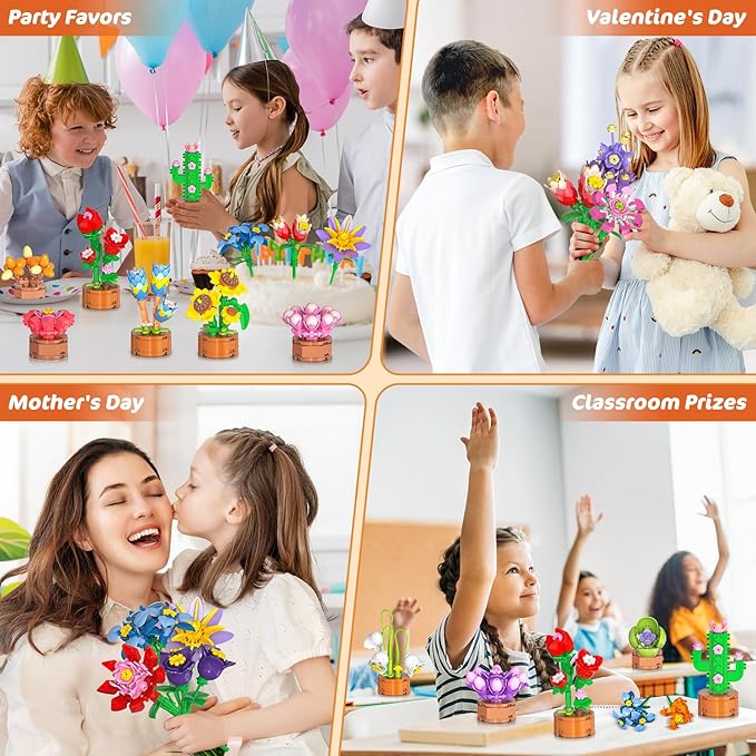 24 Pack Flowers Party Favors for Kids Building Set - 827PCS Succulents 3.6MM Mini Building Blocks Toy for Easter Basket Stuffers, Classroom Prizes, Mother's Day Birthday Gift for Girl Boy Ages 6+