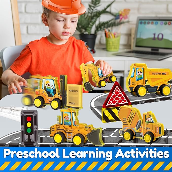 Oriate Rolling Construction Toys for Magnetic Tiles, 5pcs Construction Vehicle Toys Compatible with Magnet Tiles, Kids Trucks for Magnetic Building Blocks Magnetic Tiles, Educational Gift Boys Girls