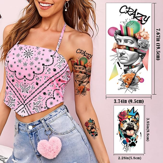 47 PCS Pop Art Hippie Temporary Tattoos Adult Kids 17 PCS Large Half Arm Fake Tattoos, 30 PCS Waterproof Tiny Stickers Gifts Party Favor Supplies