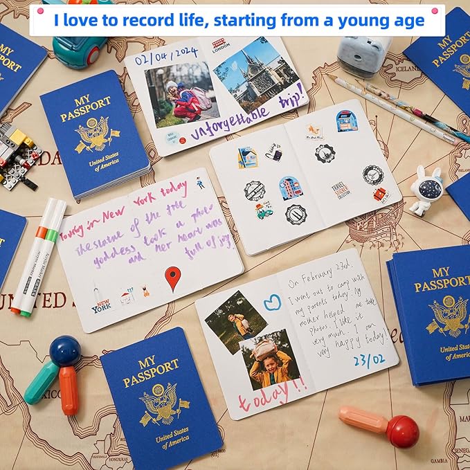 200 Pcs Blank Passport Notebook Blue Passport Book Fake Passport Travel Journal Sticker Collection Book for Kids School Projects World Travel Pretend Activity Party Favors, 5.51x3.9 Inch