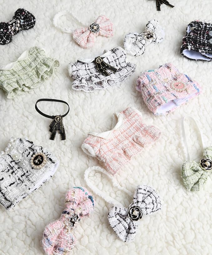 17cm Doll Clothes for Labubu - Luxury Chic Style Set for 17cm Dolls Outfit - Accessories for Dolls Clothes -White Plaid Tweed Dress + White Bow (No Doll)