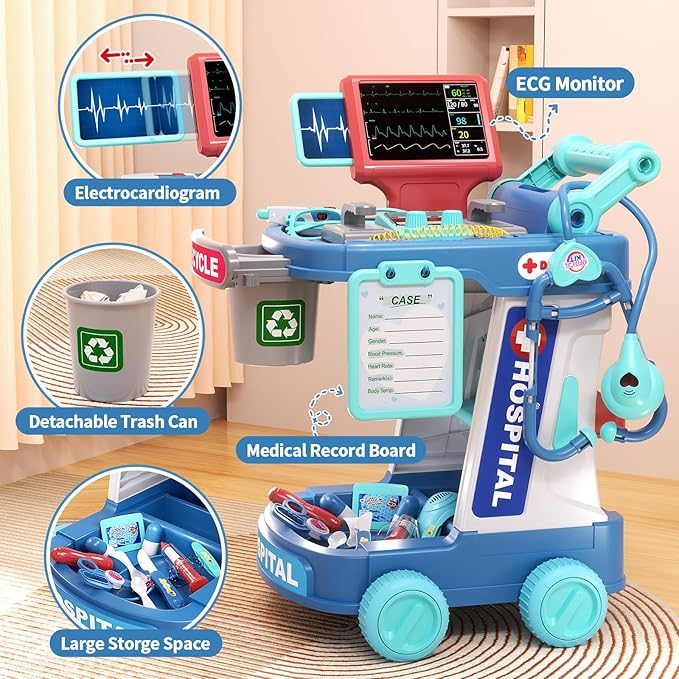 Doctor Kit for Kids, Pretend Doctor Playset for Toddlers with Cart, Costume and Stethoscope, Role Play Medical Toy for Girls Boys Toddlers 3-8 Birthday Gifts