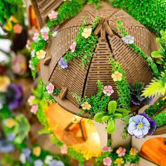 DIY Miniature House Kit, Tiny House Kit with Furniture & LED, DIY Wooden Dollhouse Miniature Kit for Adults Teen, Wooden Crafts Lovely Dollhouse Kit, Forest Castle