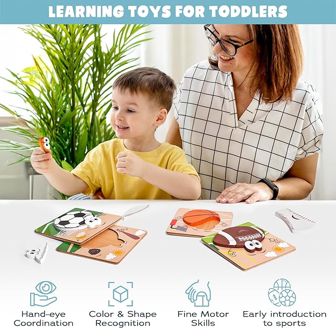 Wooden Sports Puzzles for Toddlers 2-4 | Wood Puzzles for Kids, Toddler Sports Toys for Toddlers, Basketball Toy, Football Toys, Baseball Toy, Soccer Toddler 2 3 Year Old Boy