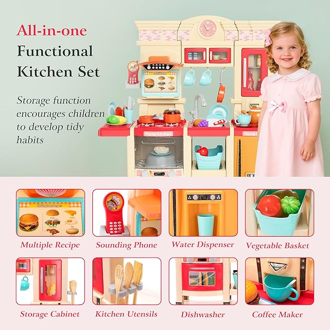 [2025 Upgraded] Kitchen for Kids & Toddlers Play Kitchen Set with Tablet Ordering, Music, Lights & Sounds, Steam Stove & Boiling Bubbles, Oven Dings, Faucet & Dishwasher,Easy-Install,Life Skills(Pink)