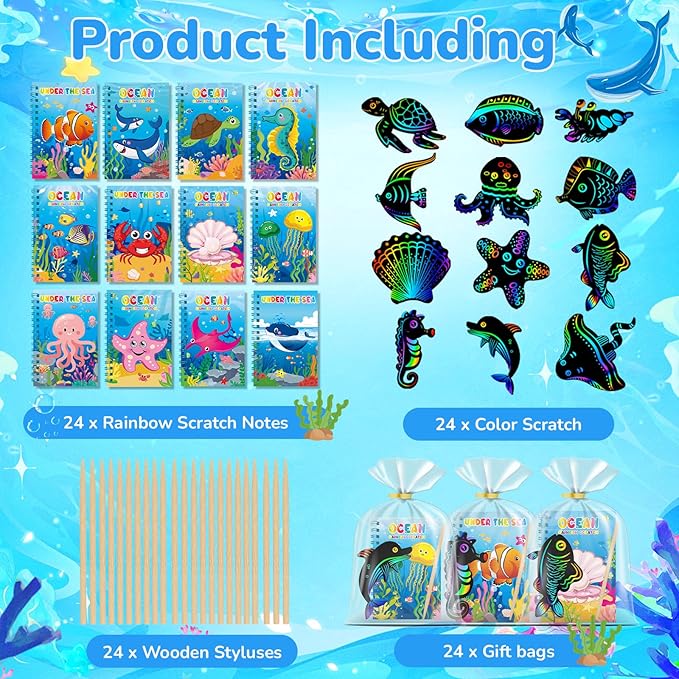 24 Pack Under the Sea Scratch Art Party Favors for Kids - Rainbow Scratch Paper with Ocean Animals Scratch Off Cards Easter Birthday Goodie Bags Stuffers - Return Gifts DIY Classroom Prizes