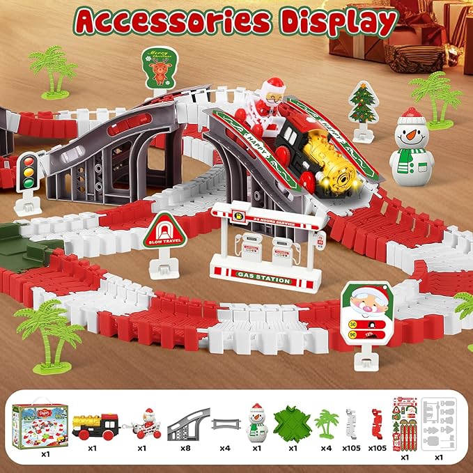 MOONTOY Track Car Toys for Kids, 233 PCS Construction Race Tracks Christmas Train Set, Assembled Light Up Railway Track Toddler Toys, Christmas Birthday Gifts for Boys and Girls Age 3 4 5 6 Year Old