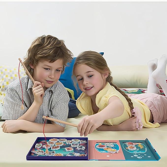 Magnetic Fishing Game for Toddlers -Travel Toys 3-5 Airplane Essentials - Mess-Free Camping & Car Trip Activity - Wooden Learning Toy with 27 Fish