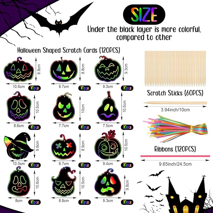 Qilery 120 Pcs Fall Halloween Scratch Paper Off Cards Magic Pumpkins Scratch Off Paper Craft Art Activities Rainbow Black Fun for Thanksgiving Party Ornaments DIY Education Game(Pumpkins)