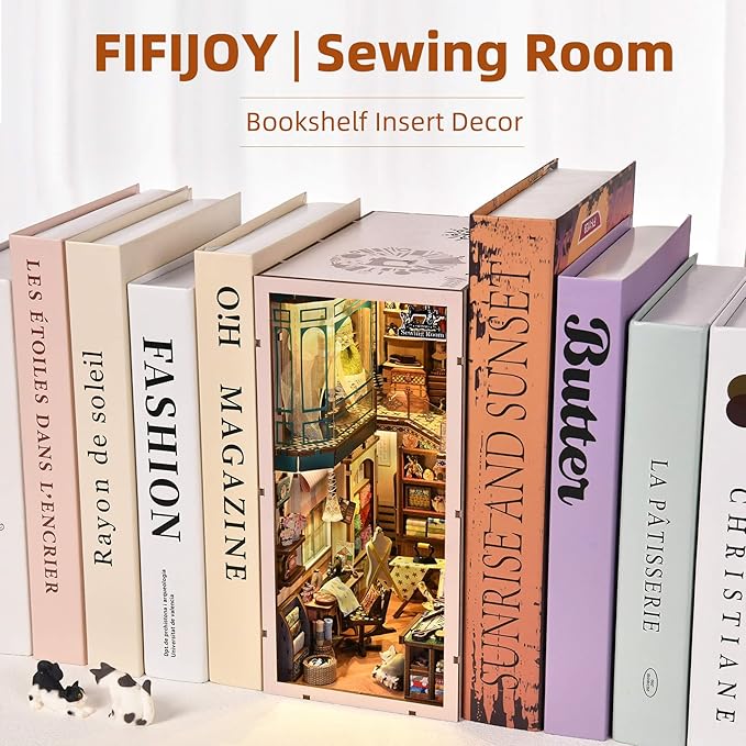 Book Nook Kit - DIY Miniature House Dollhouse Kit for Adults and Teens, Booknook Tiny House Bookshelf Decor 3D Wooden Puzzle, Gifts for Family Friends (Sewing Room)