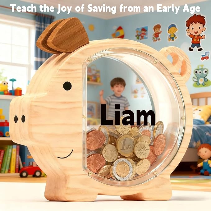 Personalized Wooden Piggy Bank for Kids Large, Custom Name Money Bank for Boys Girls, Cute Unbreakable Wood Savings Jar Money Box, Birthday for Child, Room Décor