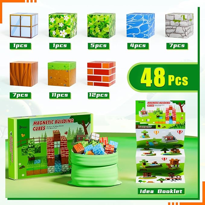 Magnetic Blocks-Build Mine Magnet World Edition, Magnetic Toys for Boys & Girls Age, STEM Montessori Sensory Toys for Toddlers-48pcs