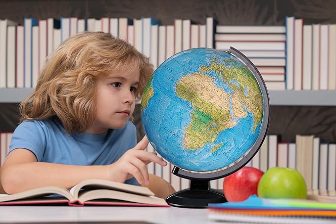 Replogle Ready to Assemble World 12" Diameter Globe, USA Cartography, Modern Acrylic Stand and Blue Ocean. Easy to assemble globe that shows Political borders and provincial borders, major ocean currents, detailed lakes, rivers, tributaries and canals.
