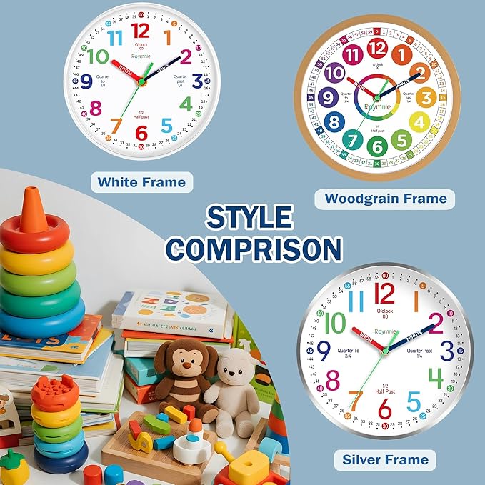 Roymnie12 Inch Wall Clock for Kids Learning to Tell Time Easily Analog Non Ticking Battery Operated Kids Teaching Clock Silent Colorful Teaching Time Clock Decorative for Kids Room Classroom School