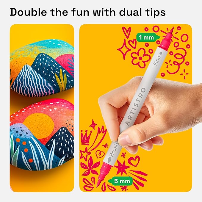 ARTISTRO 12 Dual Tip Brush + Fine Acrylic Paint Pens Ideal for Calligraphy - Paint Markers for Fabric, Rock, Glass, DIY - Stocking Stuffers, Christmas Gift Idea for Teens, Grandkids, Kids