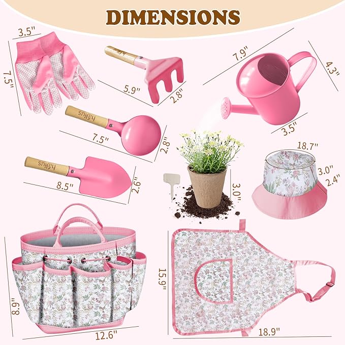 Kids Gardening Tool Set 18PCS Kids Toddler Gardening Set Includes Tote Bag Watering Can Apron Hat Rake Shovel Spoon Gloves Plant Pots and Labels, Outdoor Toys Gift for Boys Girls (Pink)