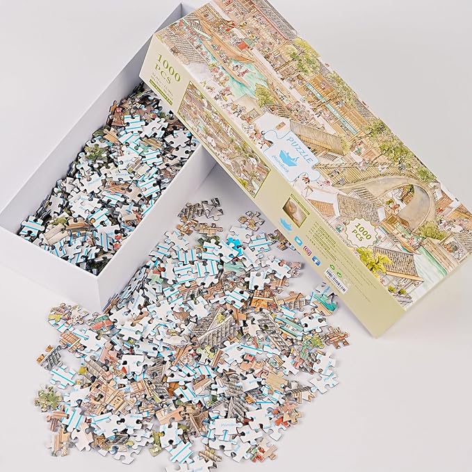 MOMIBOOK Puzzles for Adults 1000 Pieces Jigsaw Puzzles of Genre Painting of Cats in Jiangnan, Painting Image Chinese Challenging Hard Impossible Puzzle Unique Funny Party Christmas Birthday Gifts