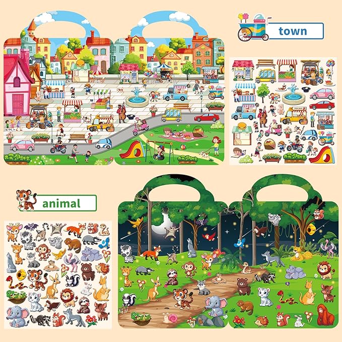 6 Set Reusable Sticker Books for Toddlers 3-5, Kids 3D Puffy Stickers (Dinosaurs, Forest, Town, Pets, Construction, Insects), Sticker Activity Books