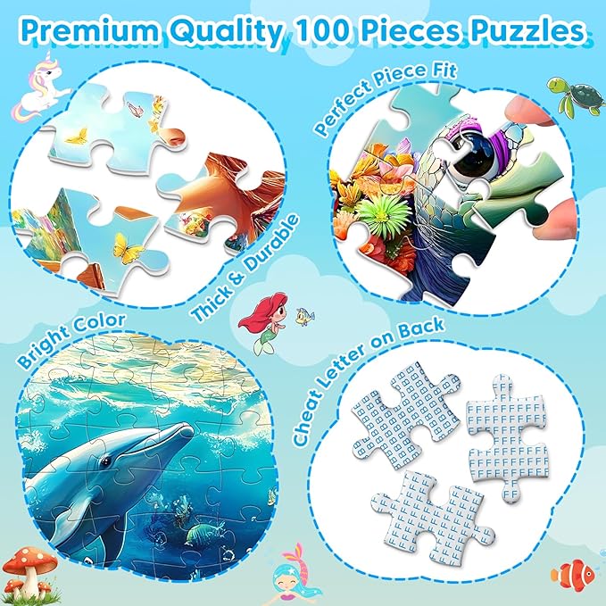 4 Packs 100 Piece Puzzles for Kids Ages 6-8 8-10, Mermaid Unicorn Puzzle for Girls 4-6 Years Old Educational 100 Piece Large Jigsaw Puzzles, Kids Puzzles 4-6 Toys Gifts for Girls Boys
