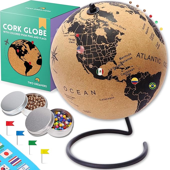 Large Cork Globe 12.6" Tall | World Travel Map with Metallic, Colored & National Flags Push Pins | 3D World Map Pin Board for Home or Office | Unique Gift for Travelers, Couples & Families