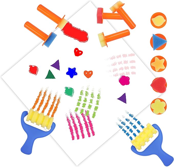 Early Learning Kids Paint Kit Washable Finger Paints with Assorted Painting Brushes Stamps Sponges Palette for Toddlers Children Crafts Drawing Gift Age 3+