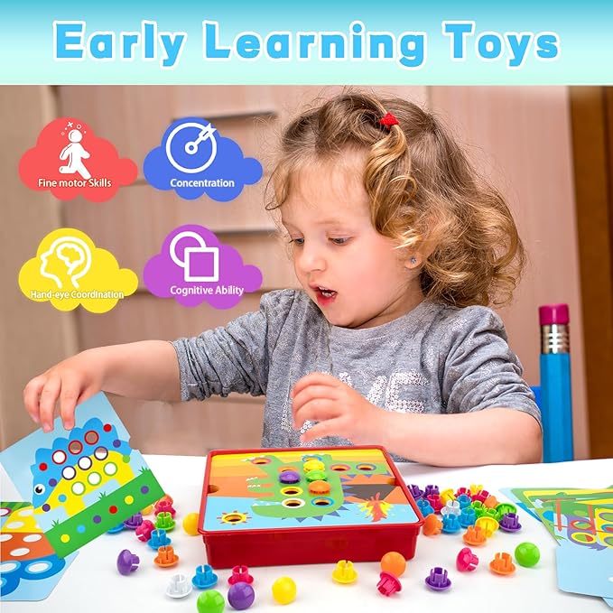 Button Art Toys for Toddlers 3-5 Years Old,Educational Color Matching Mosaic Pegboard & Fine Motor Skills Game,Early Preschool Learning Crafts Activity for Boys & Girls,Gifts for Kids Ages 3+