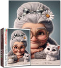 Sweet Grandma 1000 Piece Jigsaw Puzzles for Adults Kitten and Teacup Jigsaw Puzzle for Challenging Family Activity Game Granny Tea Time Artwork Puzzle for Home Decor Unique Gifts 20x27 Inches