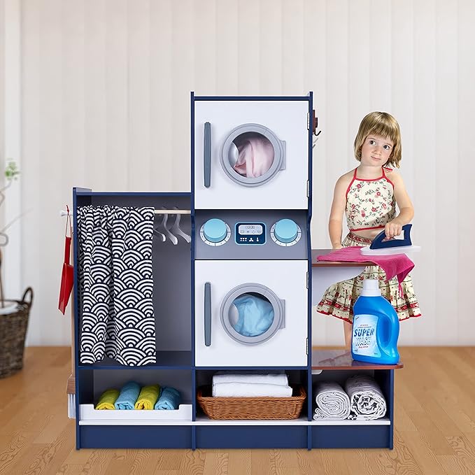 Lil' Jumbl Kids Washer and Dryer Playset, Wooden Children's Pretend Laundry Set, Includes Broom, Dustpan, Iron, Hangers & Basket, Realistic Laundry Room for Kids