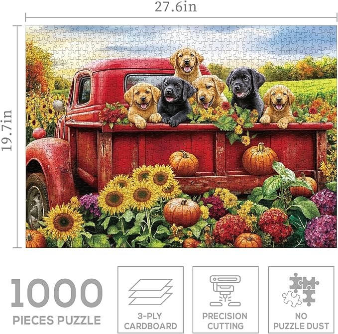 Dog Truck Flower Puzzle 1000 Pieces for Adults, Farm Fall Autumn Sunflower Jigsaw Puzzle, Animal Country Vintage Funny Puzzles