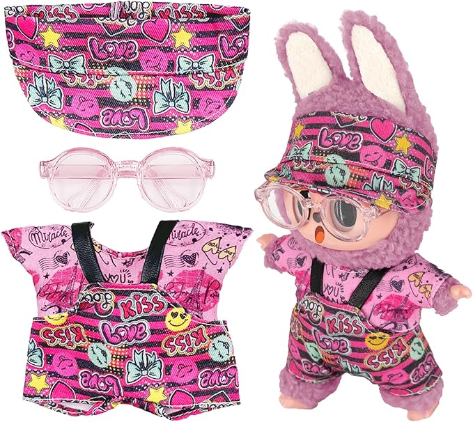 17cm Clothes Set (NO Doll) 4PC Set Hat Glasses Overalls for 17cm Accessories Suit, Doll Clothing for Trendy Blind Box，Cute Clothes for LBB Doll Dress up Unique Style,Free Combination (Love)