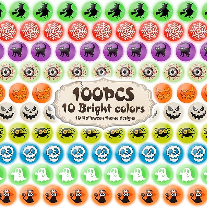 SpringFlower 100 Pcs Glow in The Dark Bouncing Balls,Halloween Party Favors Supplies, Trick or Treating Goodie Bag Filler，School Classroom Game Rewards, 10 Assorted Halloween Theme Designs