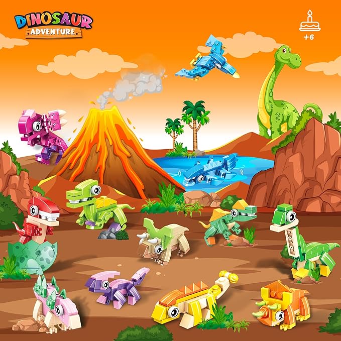 Dinosaur Party Favors for Kids – 12 Dino Figures in Prefilled Eggs, 3-in-1 Building Block Toy Set with Glow Tattoos, Christmas & Birthday Gift, Goodie Bag Filler, Stocking Stuffer, Boys & Girls 6+