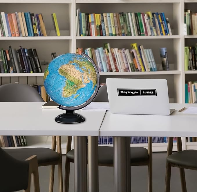 Replogle Ready to Assemble Illuminated World 12" Diameter Globe, USA Cartography, Modern Acrylic Stand and Blue Ocean Globe Ball. Easy to assemble globe that shows both Political and Vegetative information including political borders and provincial bor...