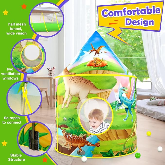 PigPigPen 3pc Dinosaur Play Tent for Kids with Big Roar Button, Baby Ball Pit, Crawl Tunnel, Castle Tents for Toddlers, Children Indoor & Outdoor Playhouse Toys, Perfect Kid’s Gifts