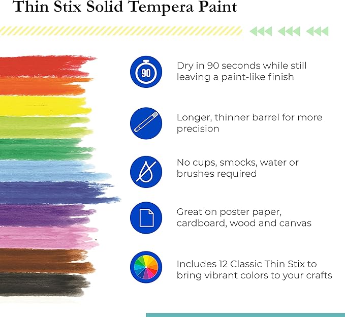 Kwik Stix Solid Tempera Paints, Thin Stix Paint Pens, Super Quick Drying, 12 Classic Colors for Children - 12 Pack - TPG-608
