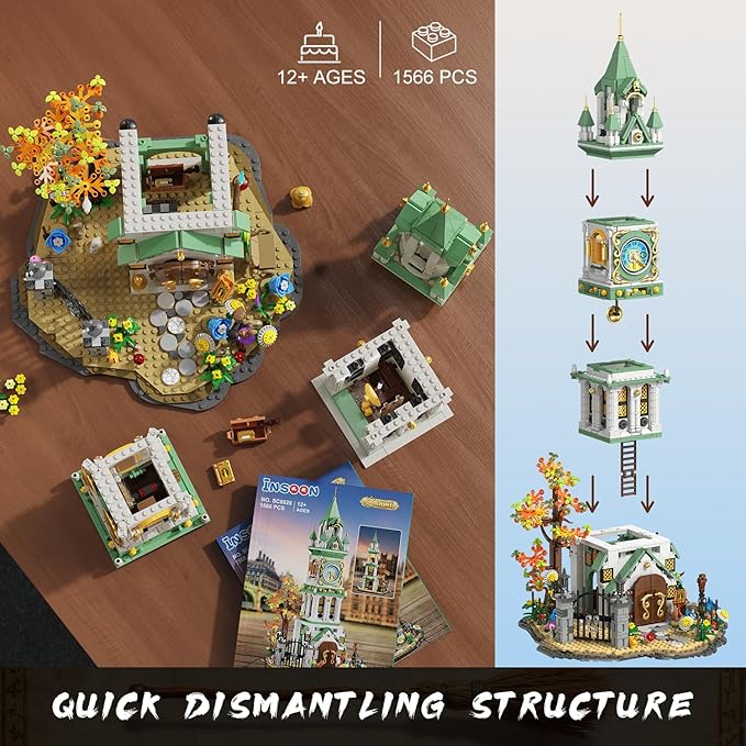 Magic Clock Tower Building Set with Light, 1566 PCS Big Medieval Castle House Construction Model with Owl & Garden, Home Decor Building Block Kit, for Adults Teens Boys Girls 12+