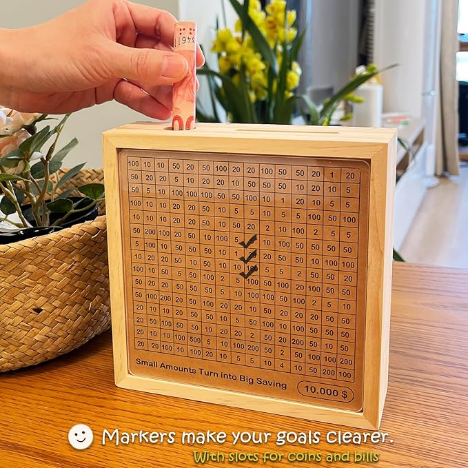 Money Saving Box with 10,000, 5000, 3000 Dollars Target, Money Vault Savings 10k, 5k, Savings Challenge Box with Money Target and Numbers, Cash Vault Wooden Savings Box