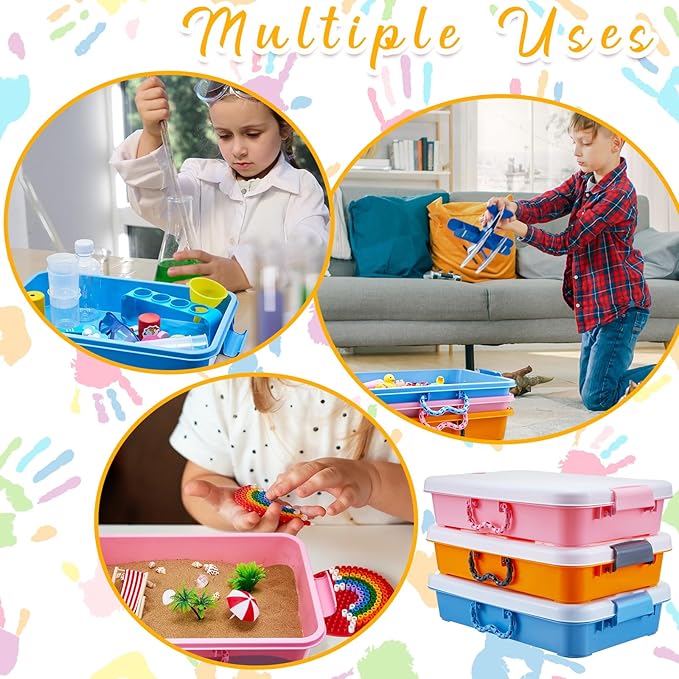 Suzile 3 Pcs Portable Sensory Bin Sand Tray with Lid, 15 Inch Colorful Plastic Sandbox Toy, Large Play Tray Fill with Sand, Water, Beads, and More, 3 Colors(Blue, Orange, Pink)