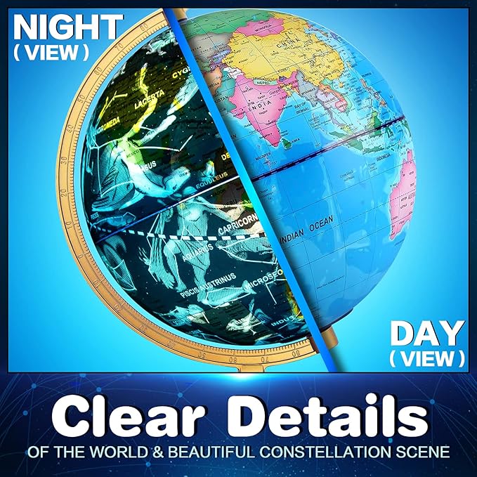 Illuminated World Globe for Kids & Adults All Ages with Wooden Stand 7 in 1- Night View Stars Map Constellation Globe with Detailed Colorful World,Built-in LED Bulb, Educational Gift