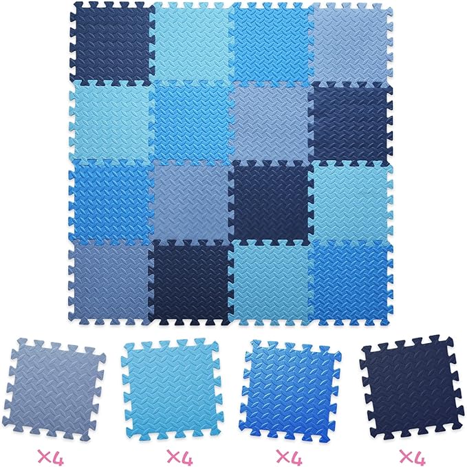 16 Tiles Foam Play Mat for Baby, Soft & Safe EVA Foam Mats for Floor, Square Baby Play Mat, Kids Foam Puzzle Floor Mat, 47x47 Play Mat for Playpen(Dark Blue/Gray Blue/Light Blue/Blue)