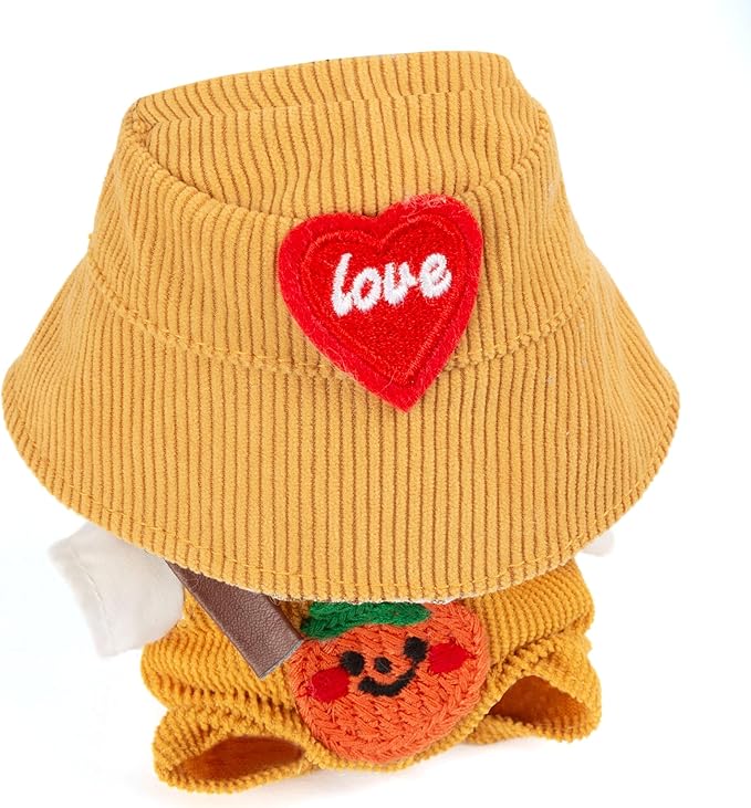 17cm Design Clothes for Labubu Doll - Kawaii Chic Style Set for 17cm Dolls, Cute Doll Outfit with Accessories - White Shirt + Yellow Pumpkin Romper + Heart Shaped Yellow Hat (Clothes Only)