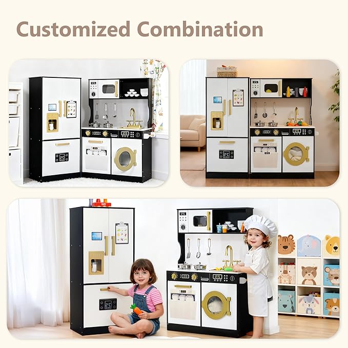Kinder King Wooden Kids Play Kitchen, Toy Kitchen Playset for Toddler, Play Kitchen Set w/Transparent Coloring Board, Pretend Fridge, Washing Machine, Ice Maker, Gift for Boys Girls Age 3+, Black